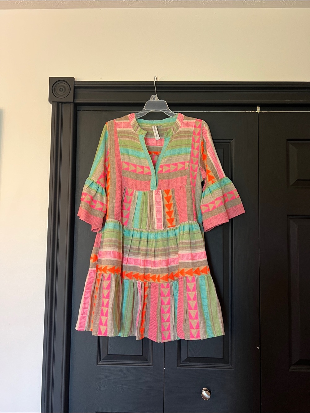 Vibrant Geo-Stripe Mini Dress in Pink & Mint